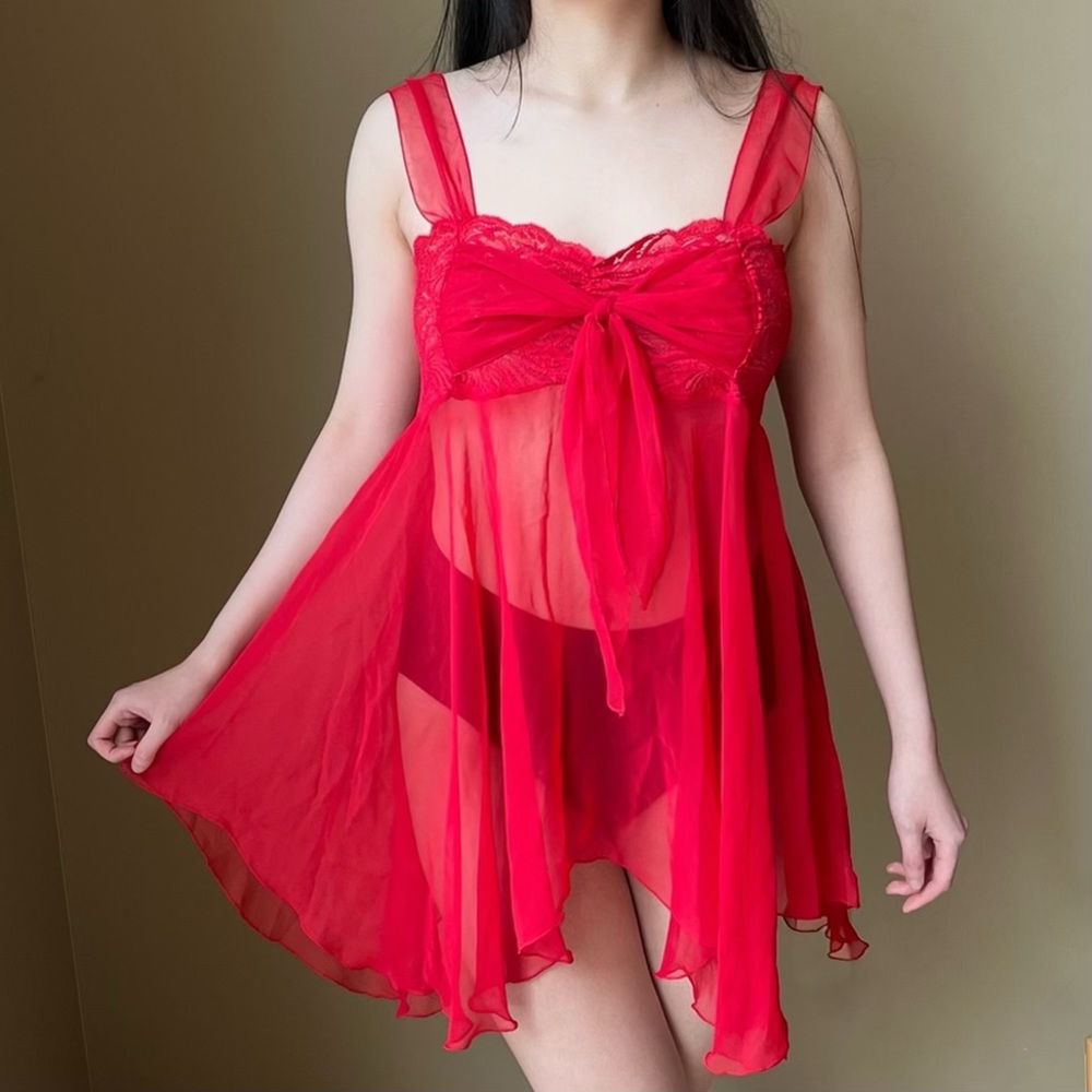 Victoria’s Secret vintage red bow slip dress lingerie size L 1980s